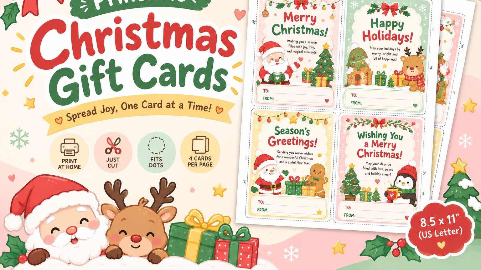 Printable Pastel Christmas Gift Cards with Christmas Message