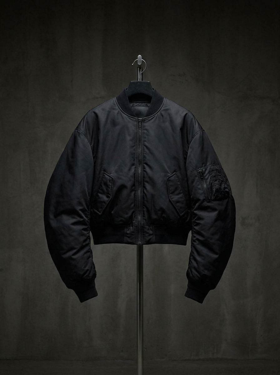 Cropped Puff-Sleeve Bomber, Noir