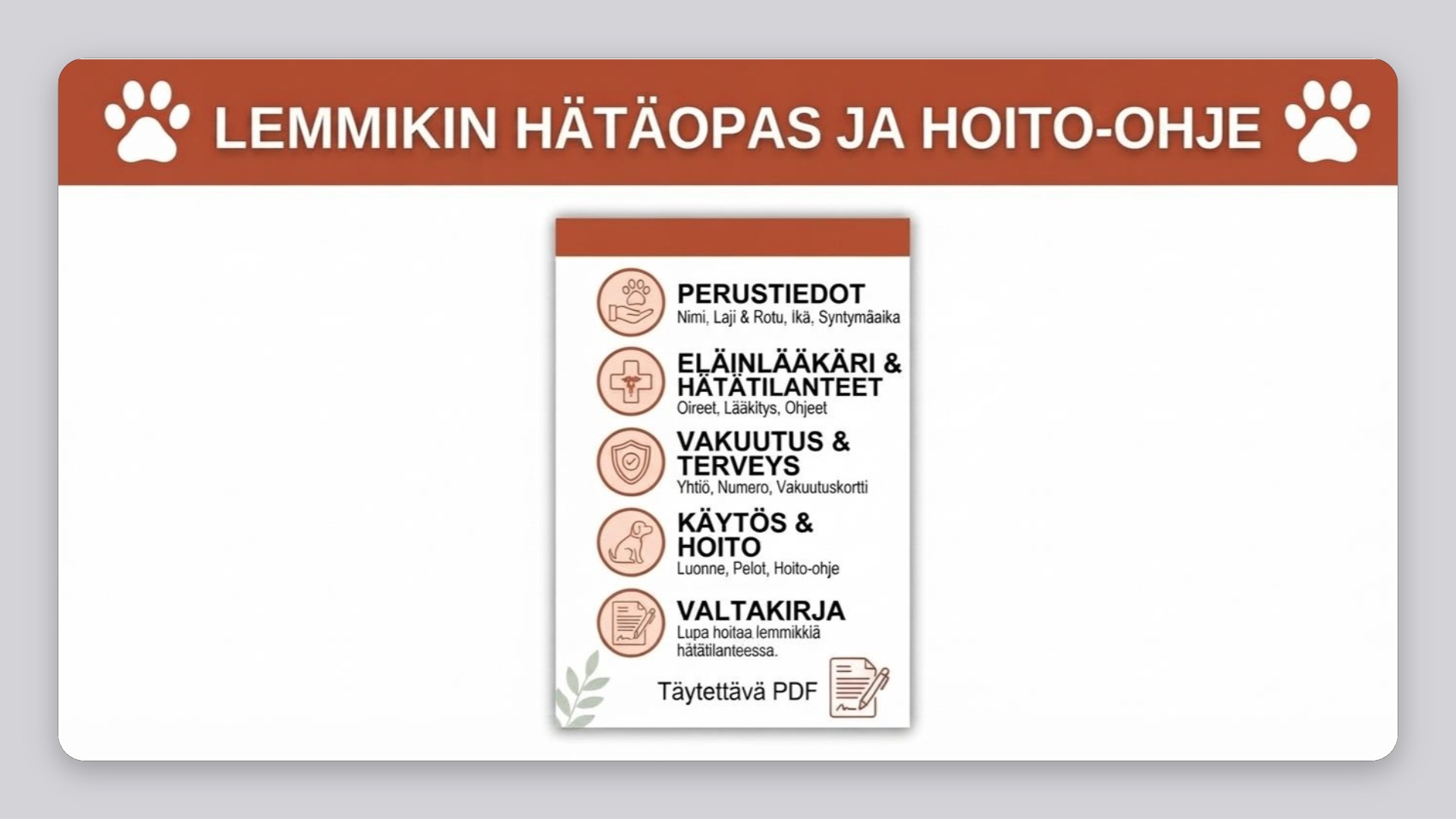 Lemmikin Hätäopas & Hoito-ohje (Täytettävä PDF)