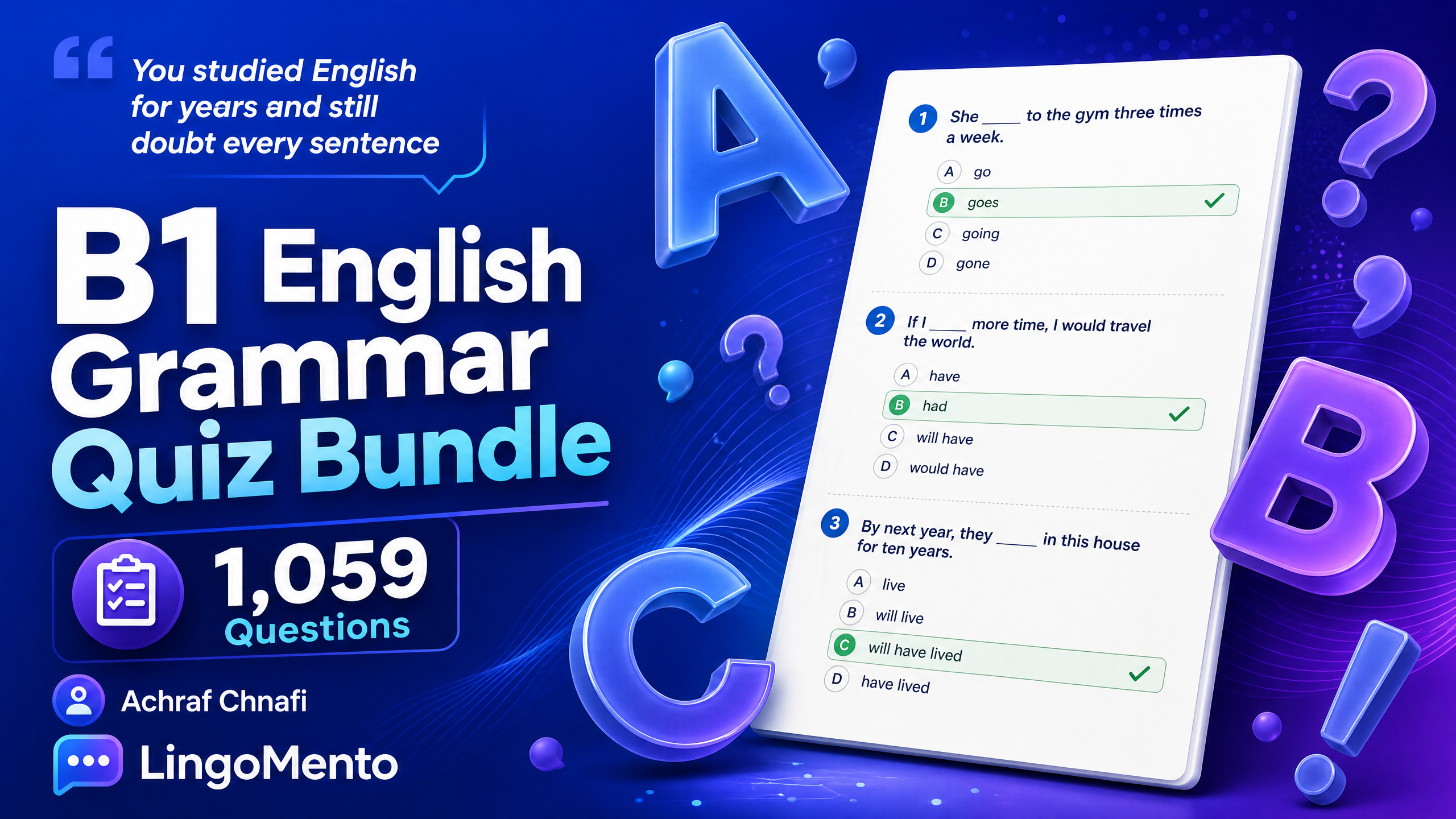 B1 English Grammar Quiz Bundle – 1,059 Questions, Instant PDF
