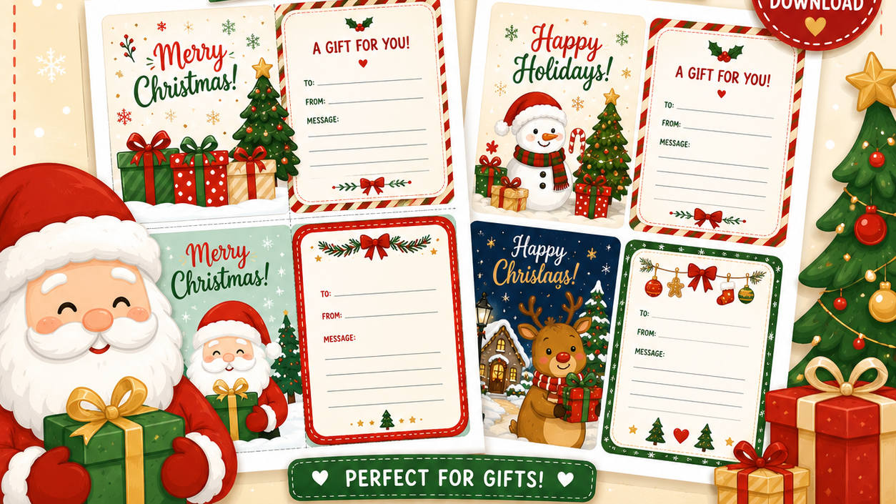 Printable Christmas Gift Cards with Message Space