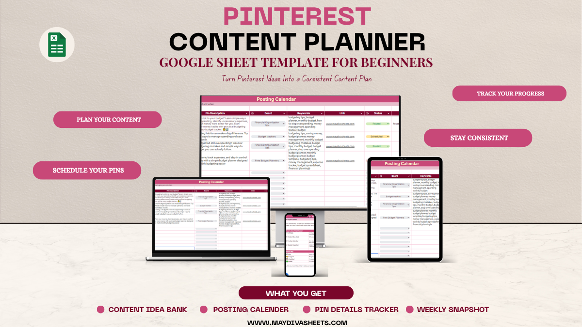 Pinterest Content Planner for Beginners | Google Sheets Template