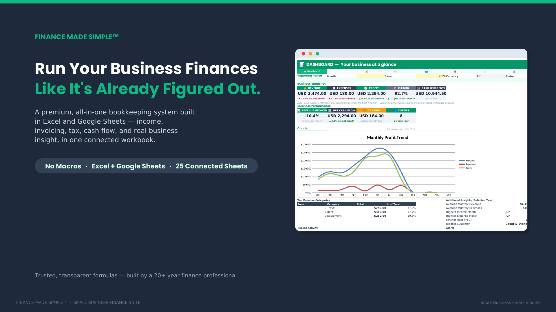 Small Business Finance Suite — Bookkeeping, Invoicing & Tax (Excel + Sheets)