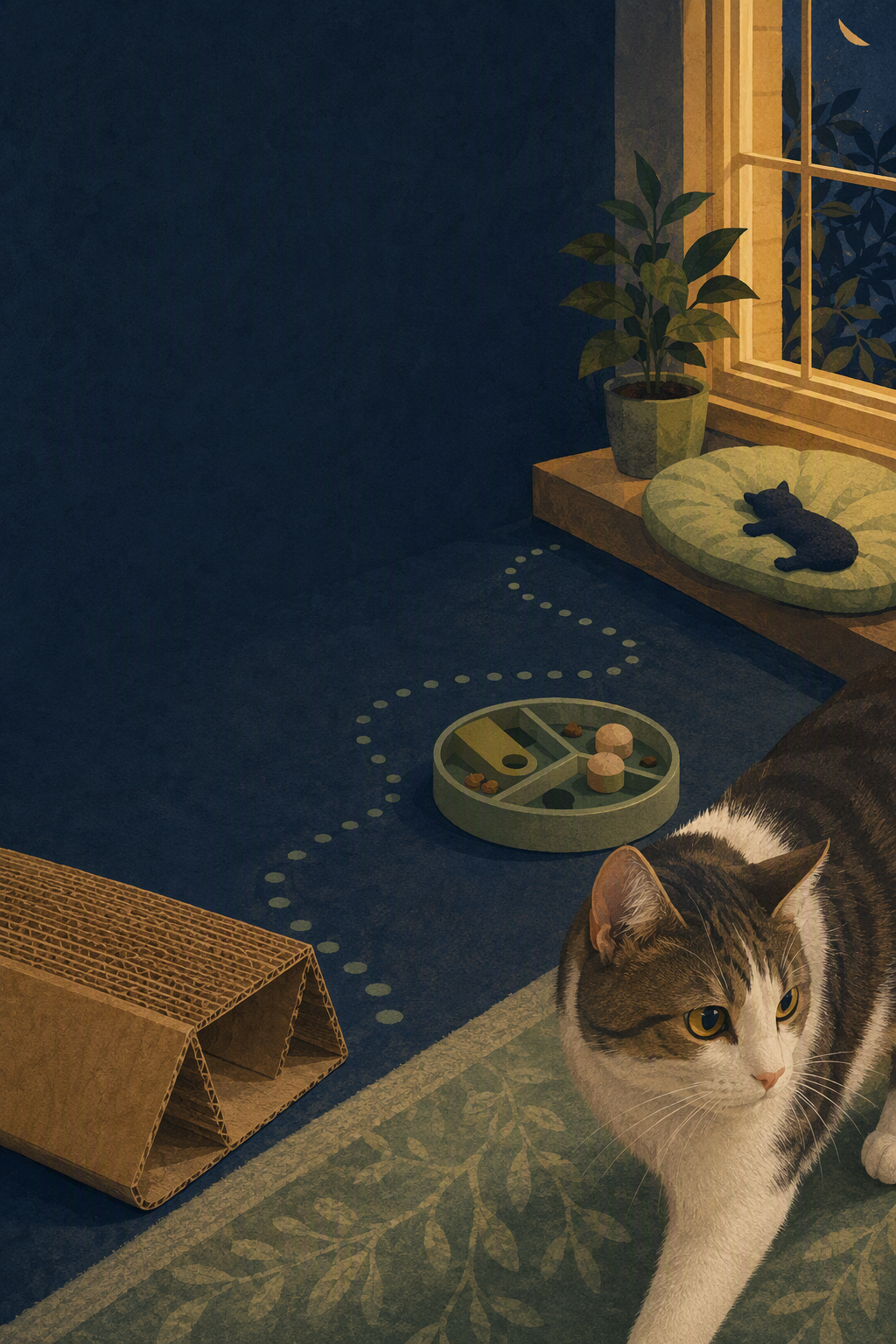 Calm Nights for Indoor Cats: Enrichment Without New Toys