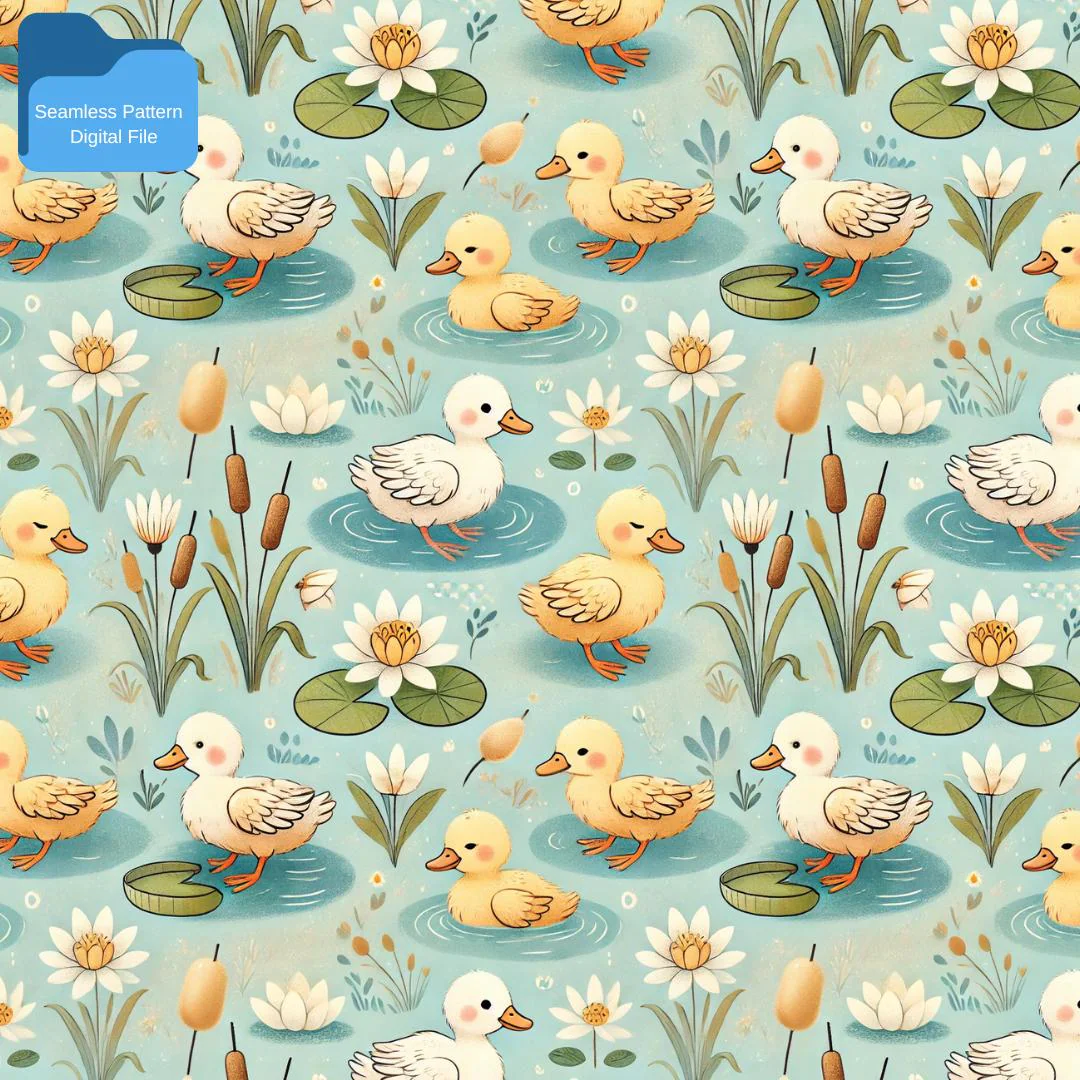 Ducklings Pond Nursery Seamless Pattern Digital File for Fabric Printing and…