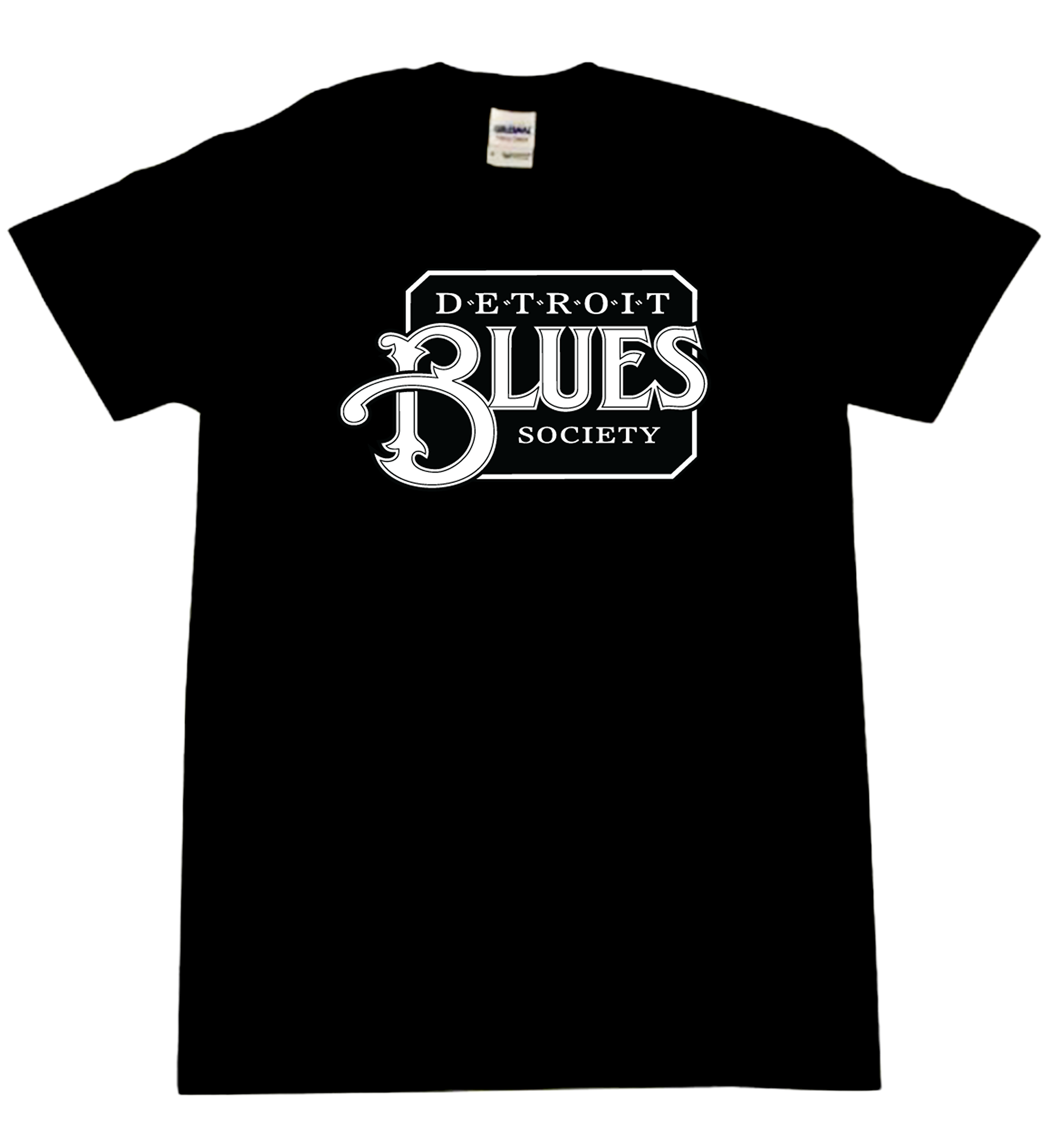 Crew Neck - Black Short Sleeve T-Shirt Detroit Blues Society Logo - White print