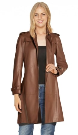 Womens Brown Leather Trench Coat without Closure