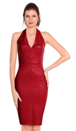 Womens Red Leather Halter Deep V Neck Bodycon Dress