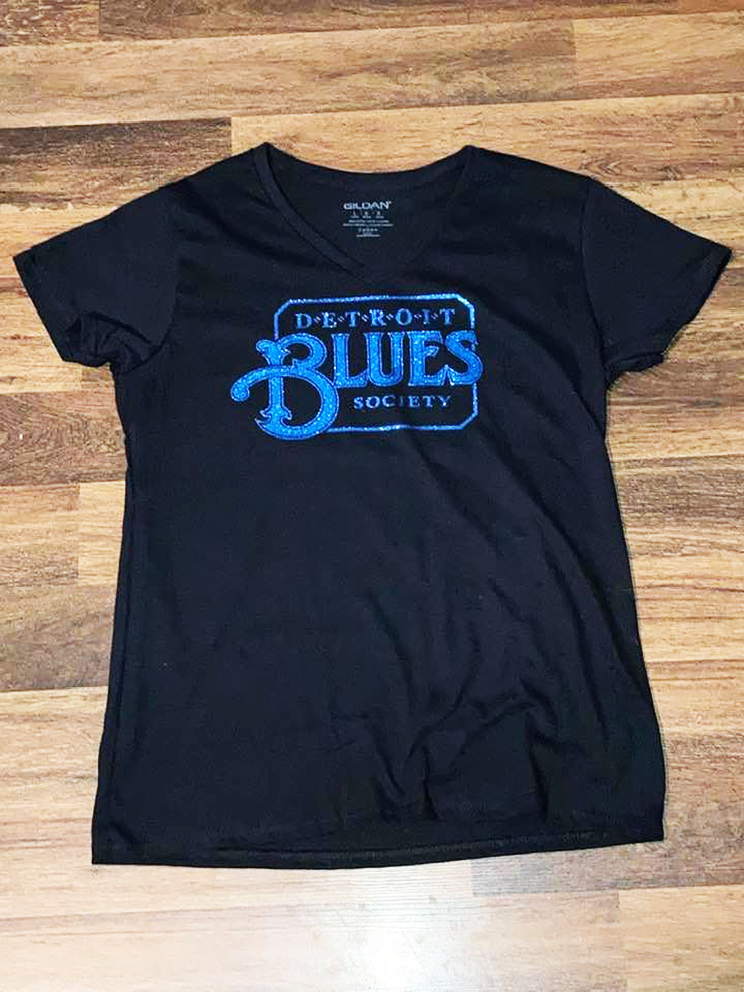 Womans Detroit Blues Society Logo - BLUE GLITTER HTV  Short Sleeve V-Neck T-Shir