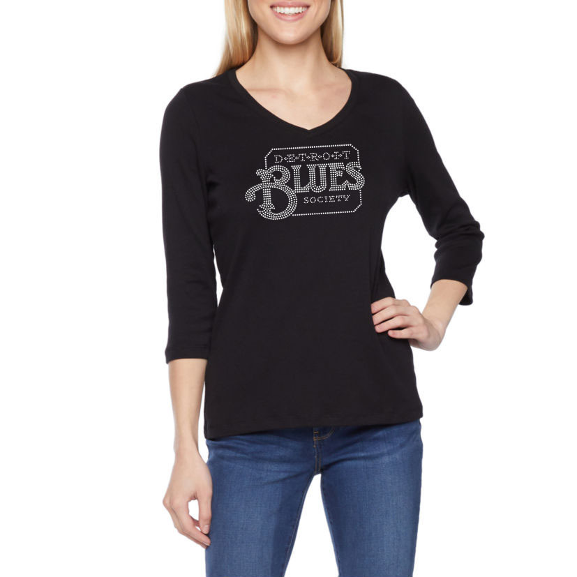 Womans Detroit Blues Society Logo - Rhinestone 3/4 Sleeve St John's Bay V-Neck T