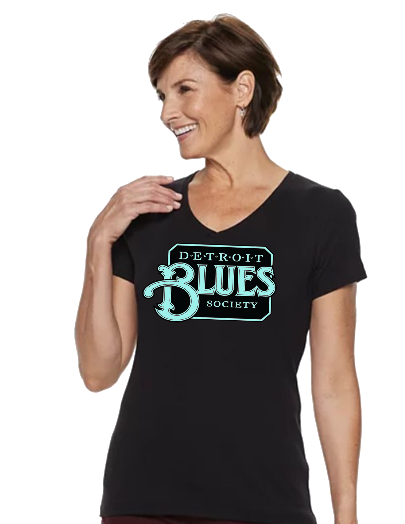 Womens Detroit Blues Society Logo - GLOW IN THE DARK HTV Short Sleeve V-Neck T-S