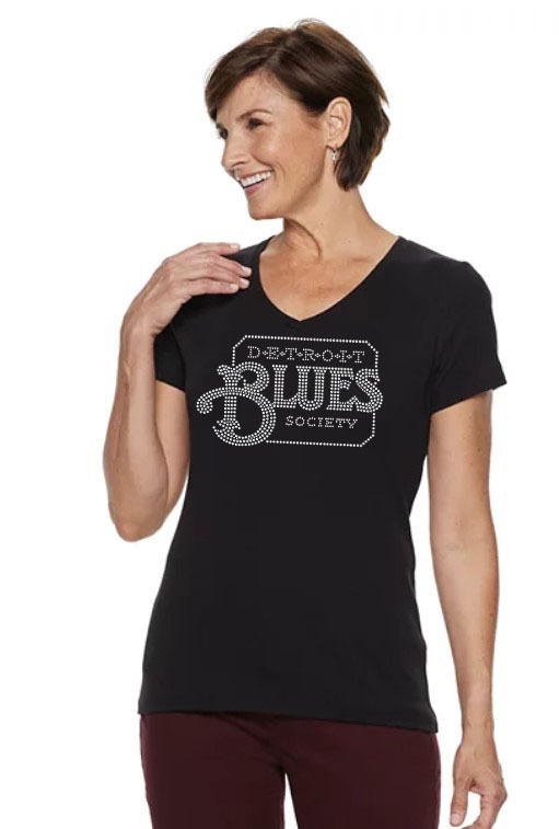 Womans Detroit Blues Society Logo - Rhinestone Short Sleeve V-Neck T-Shirt