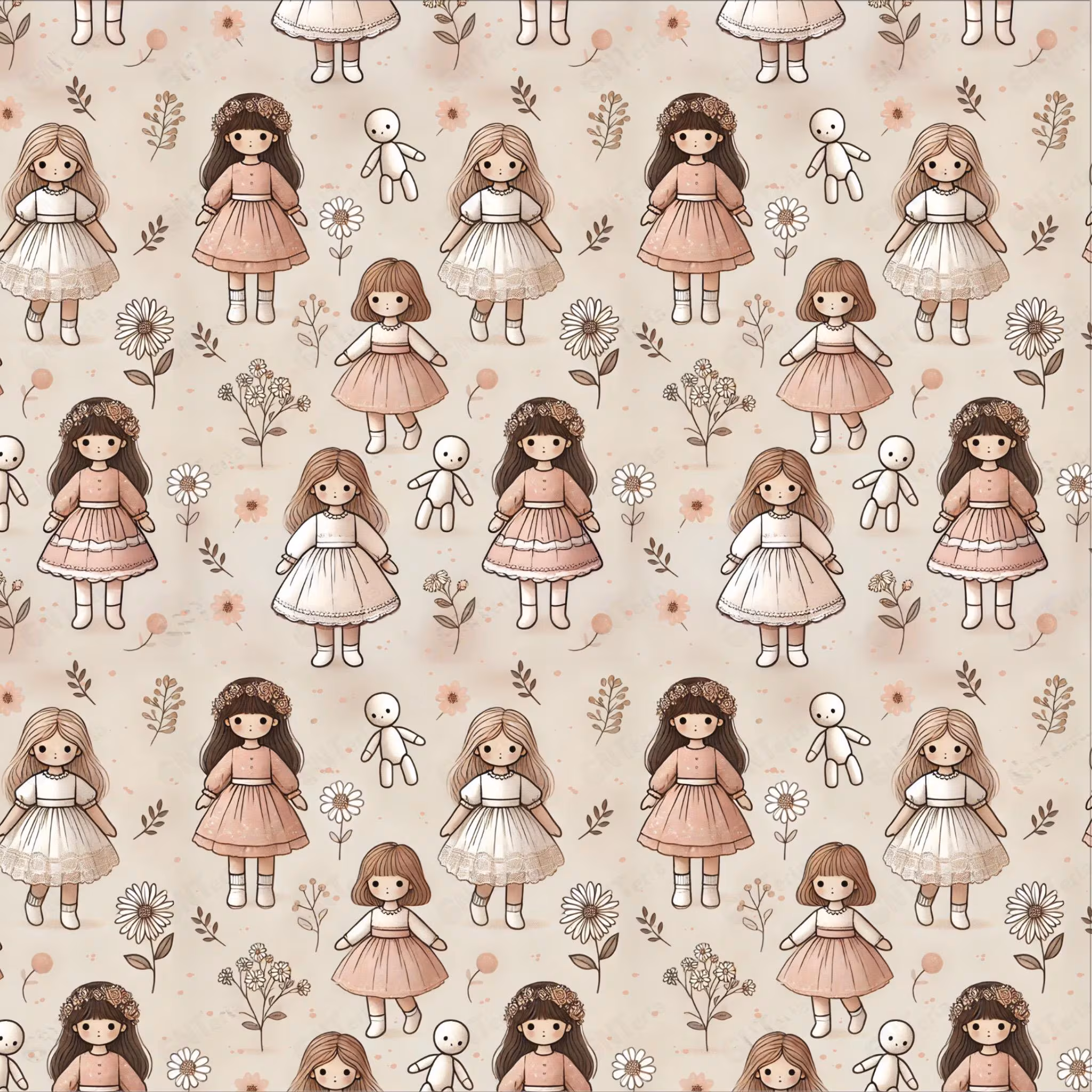 Dolls Vintage Style Girly Seamless Pattern Digital File for Fabric Printing,…