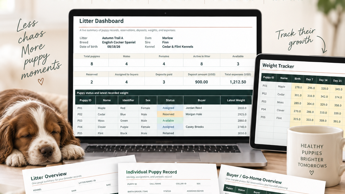 Puppy Litter Tracker Spreadsheet | Dog Breeder Planner | Puppy Weight Tracker