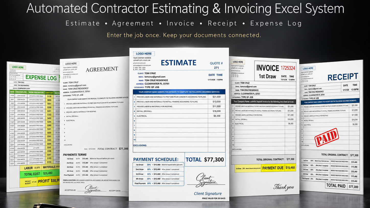 EstimateOnce PRO Contractor Estimate & Invoice Excel Automated System