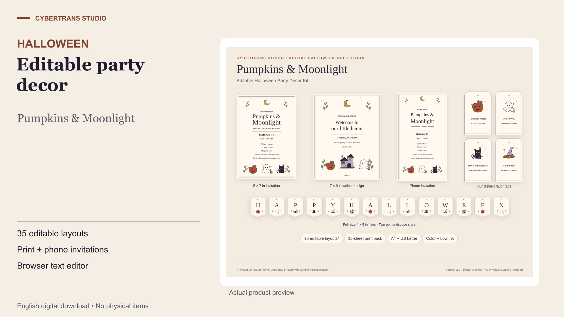 Pumpkins & Moonlight — Editable Halloween Party Decor Kit