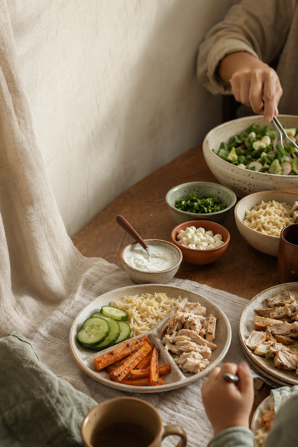 Parents Serving Balanced Family Dinners Without Short-Order Cooking