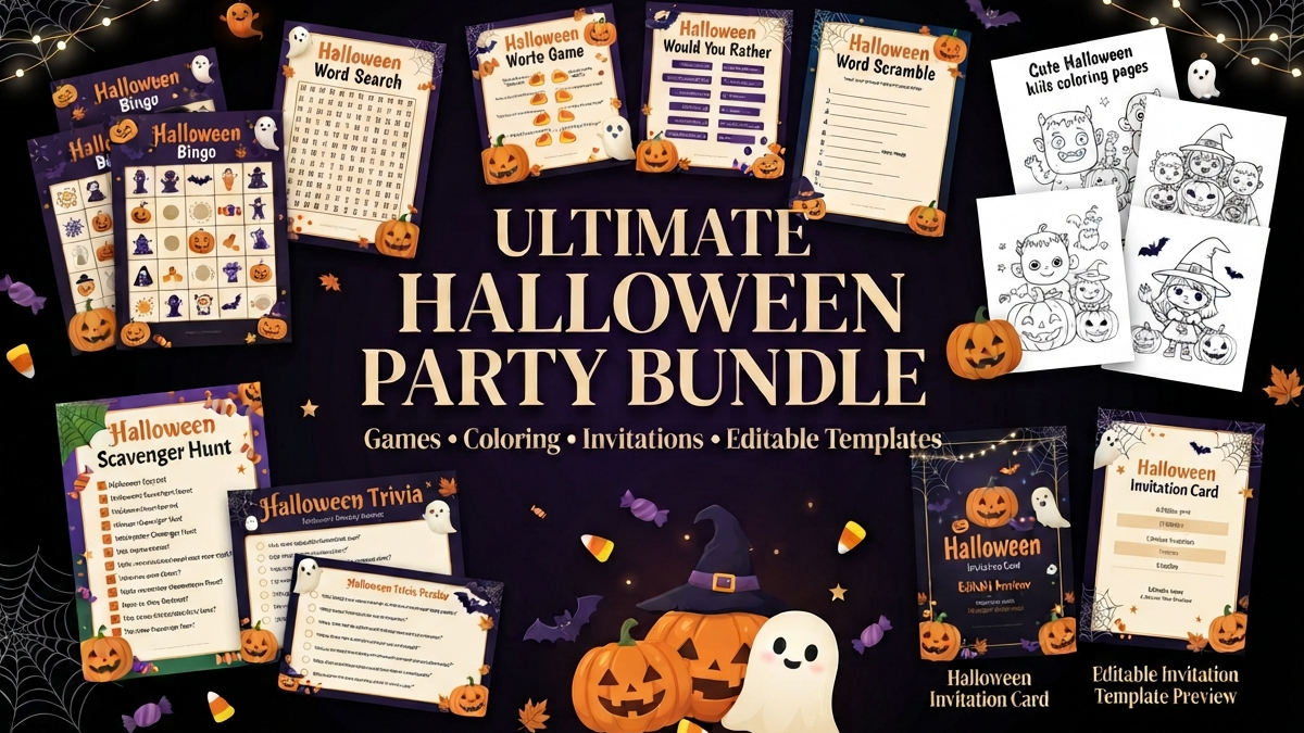 Ultimate Halloween Party Bundle | 6 Games, Coloring Book & Editable Invitations