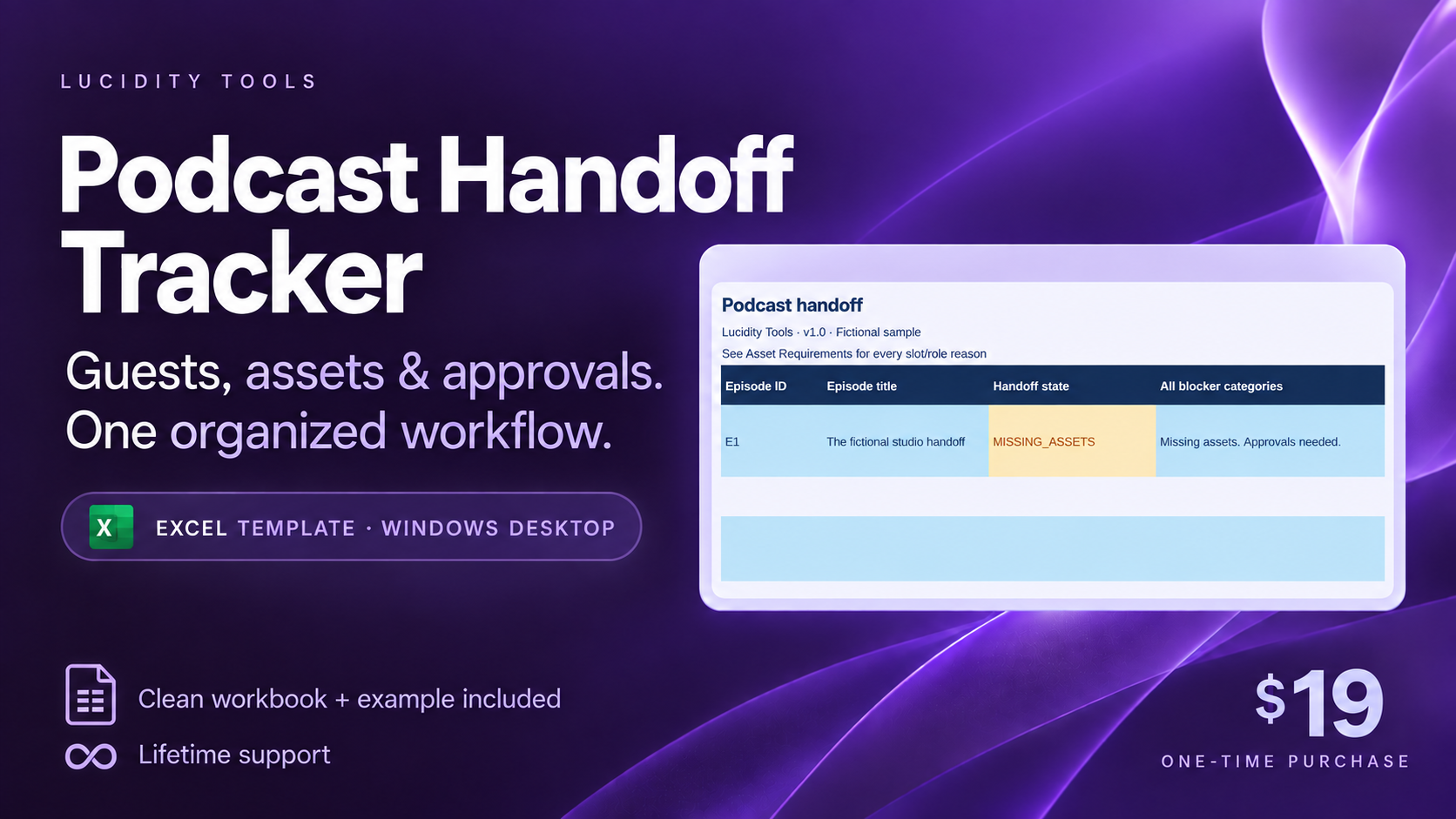 Podcast Handoff Tracker — Guests, Assets & Approvals | Excel Template 