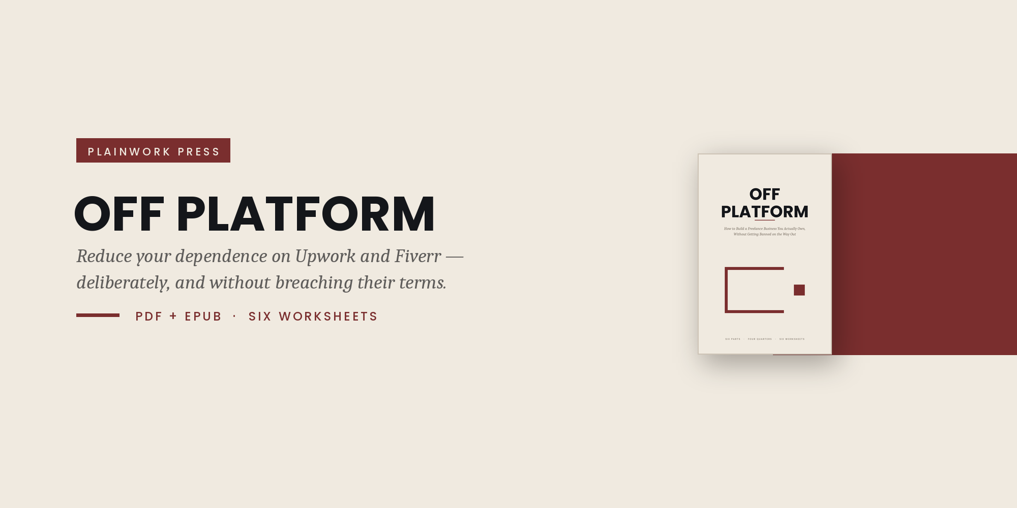 The Off Platform guide, a cream book with a burgundy mark