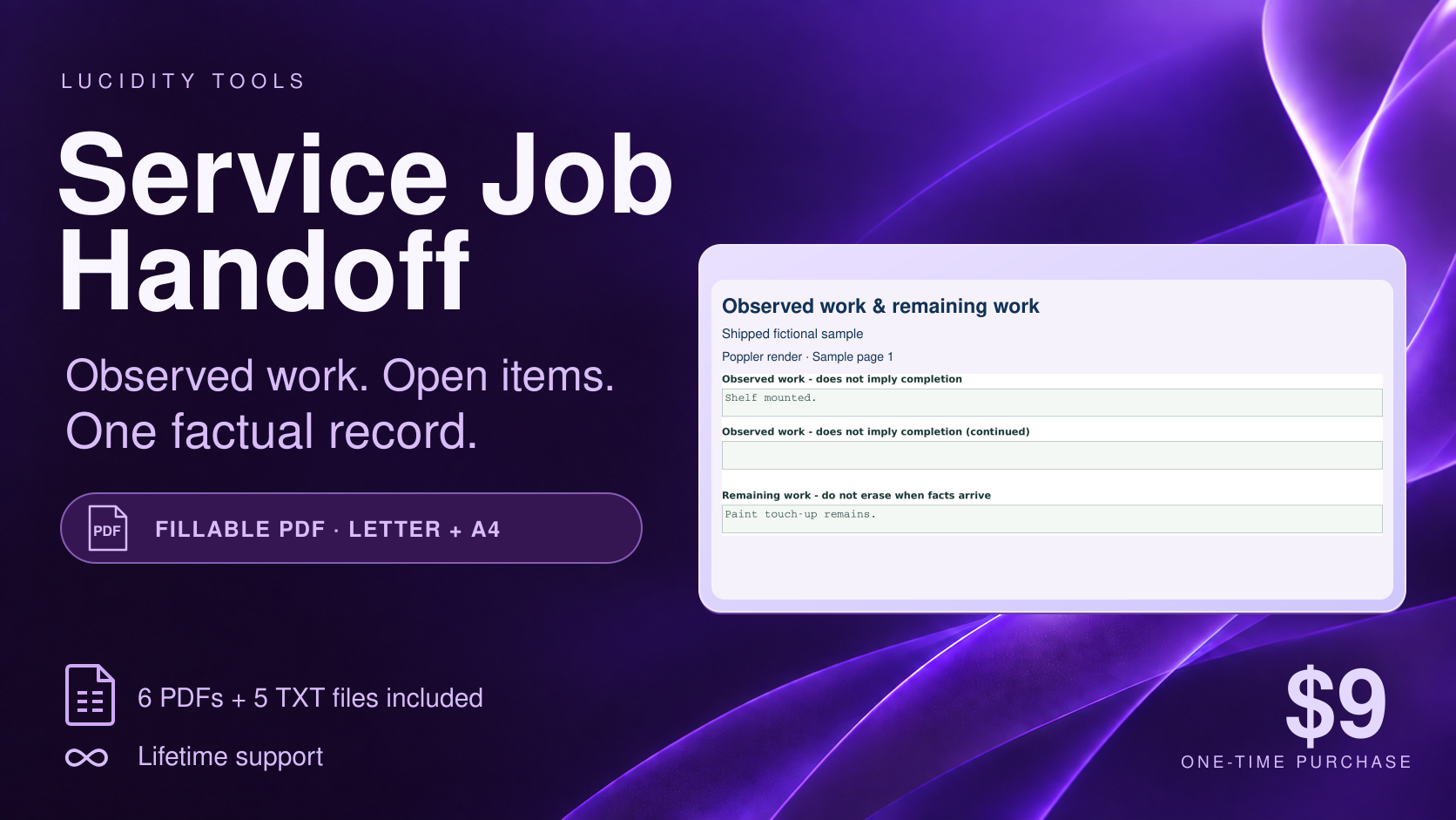 Service Job Facts & Completion Handoff Sheet | LIFETIME SUPPORT