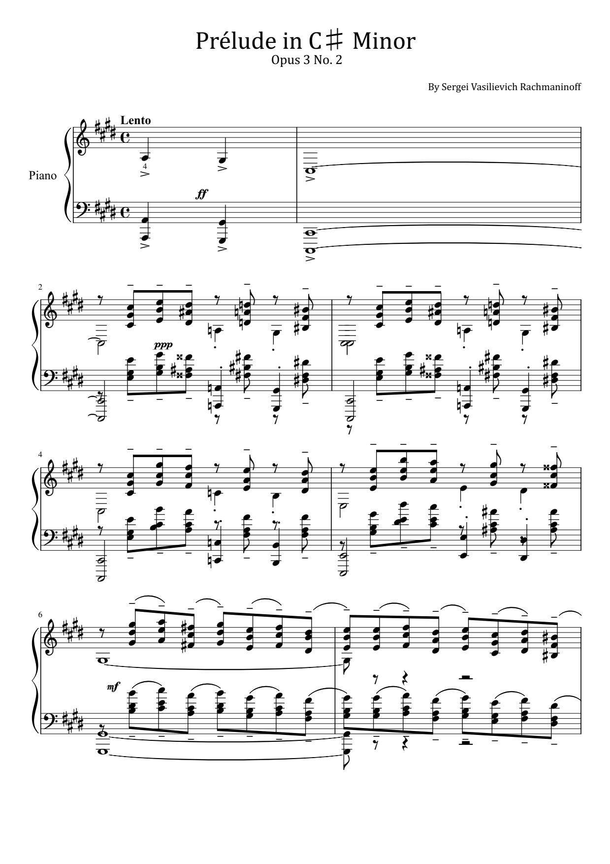 Rachmaninoff, Prelude in C-Sharp Minor, Op.3 No.2, Original With Fingering