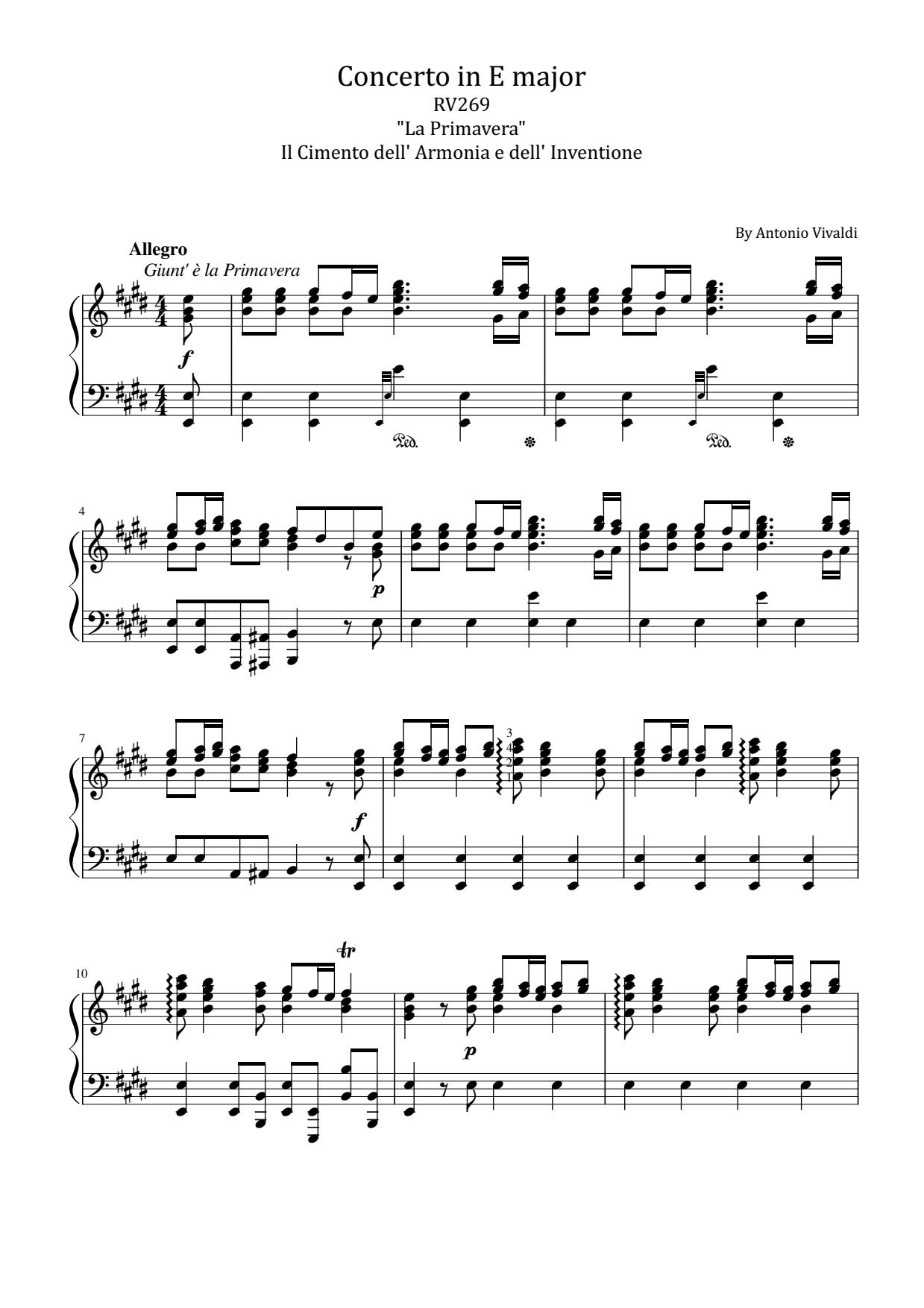 Vivaldi, Violin Concerto in E major, Op.8, No.1, RV 269 Spring, for Piano