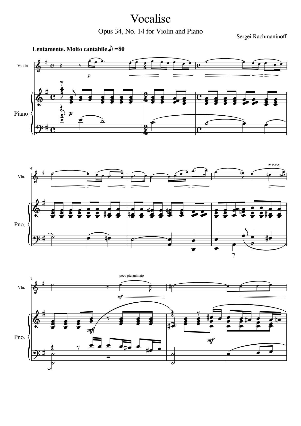 Vocalise by Rachmaninoff Opus34, No.14 for Violin and Piano