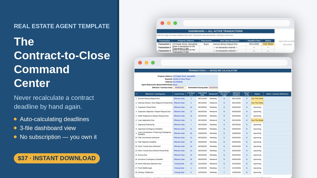 Real Estate Contract-to-Close Deadline Tracker & Template (Excel/Google Sheets)