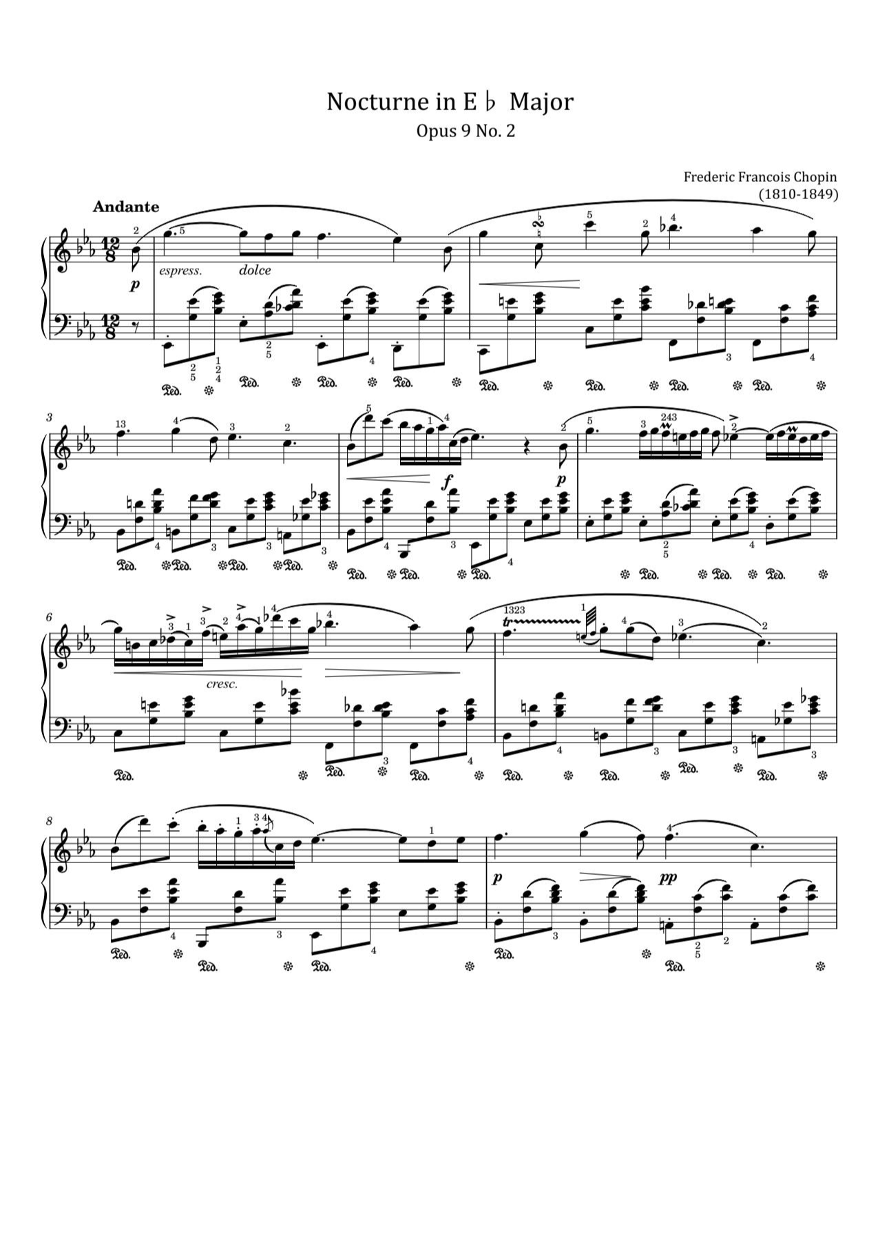 Chopin,Nocturne Op.9 No.2 in E-Flat Major,for Piano Solo With Fingering Original