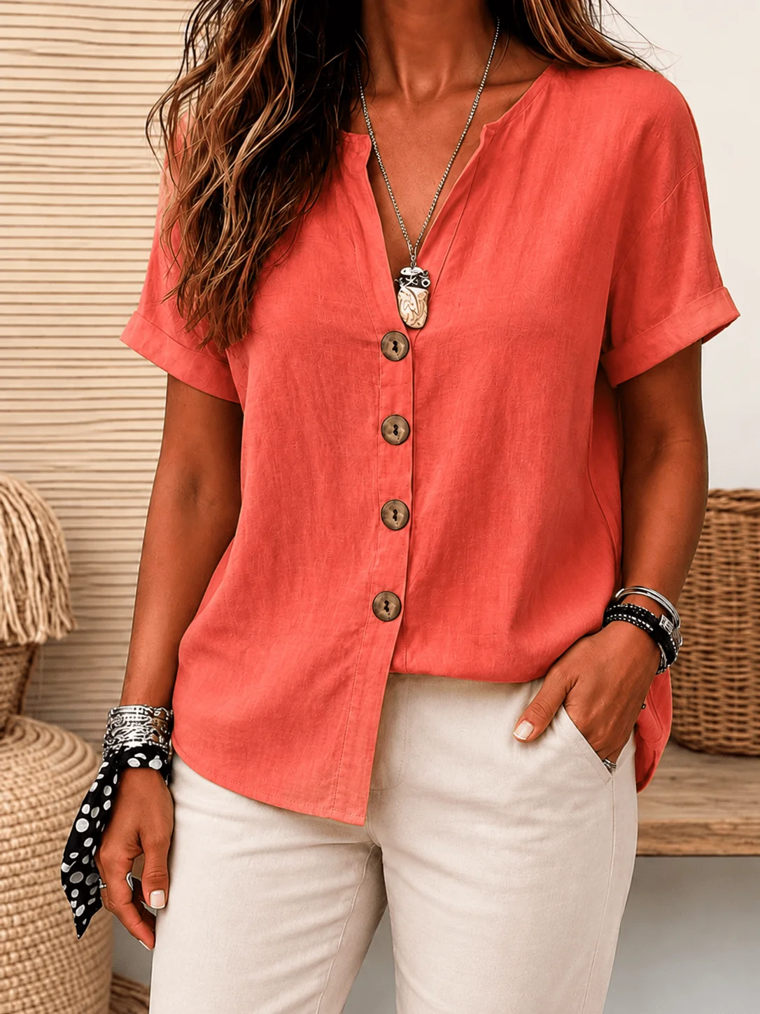 ELARA | Cotton-Linen V-Neck Blouse