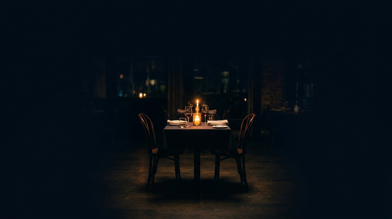 A quiet restaurant dining room with one candlelit table still set