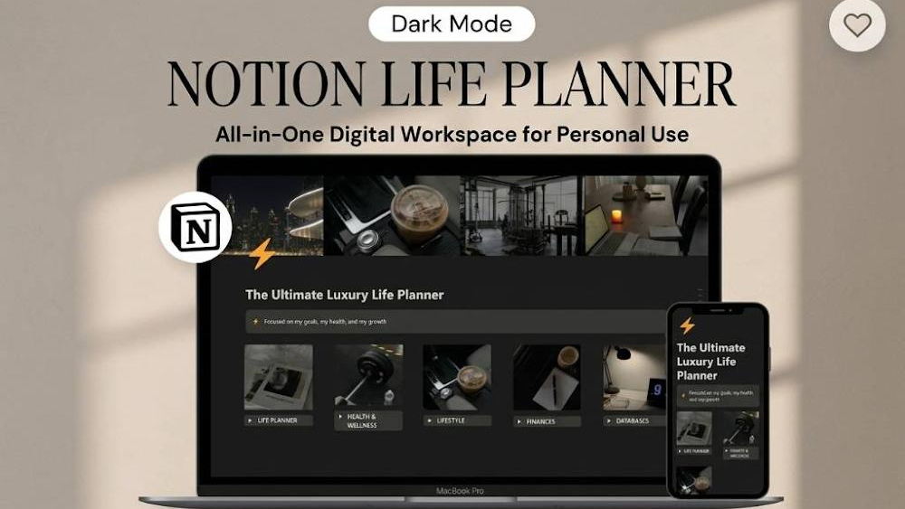 "All-in-One Life Planner Notion Template – Dark Mode, Goals, Habits & Finances"