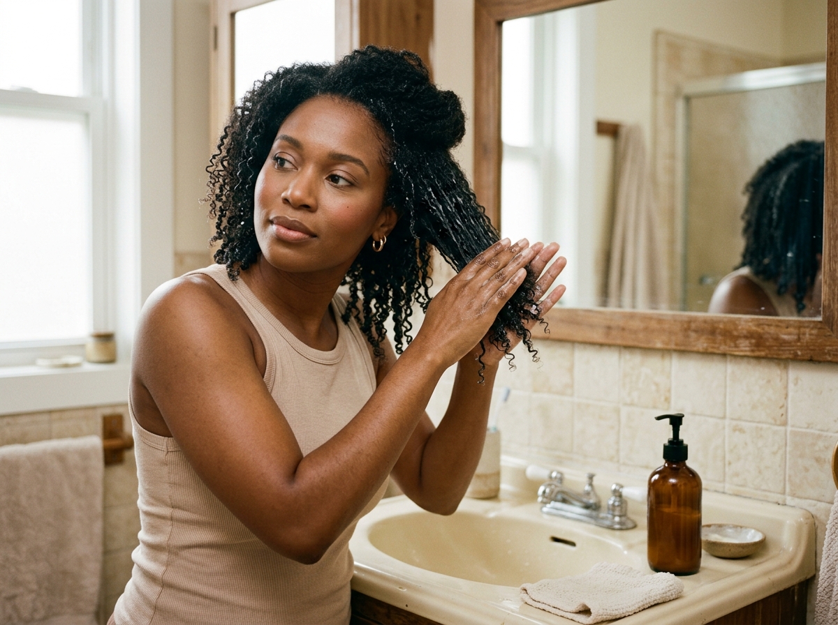 Applying conditioner to wet coily hair at the sink