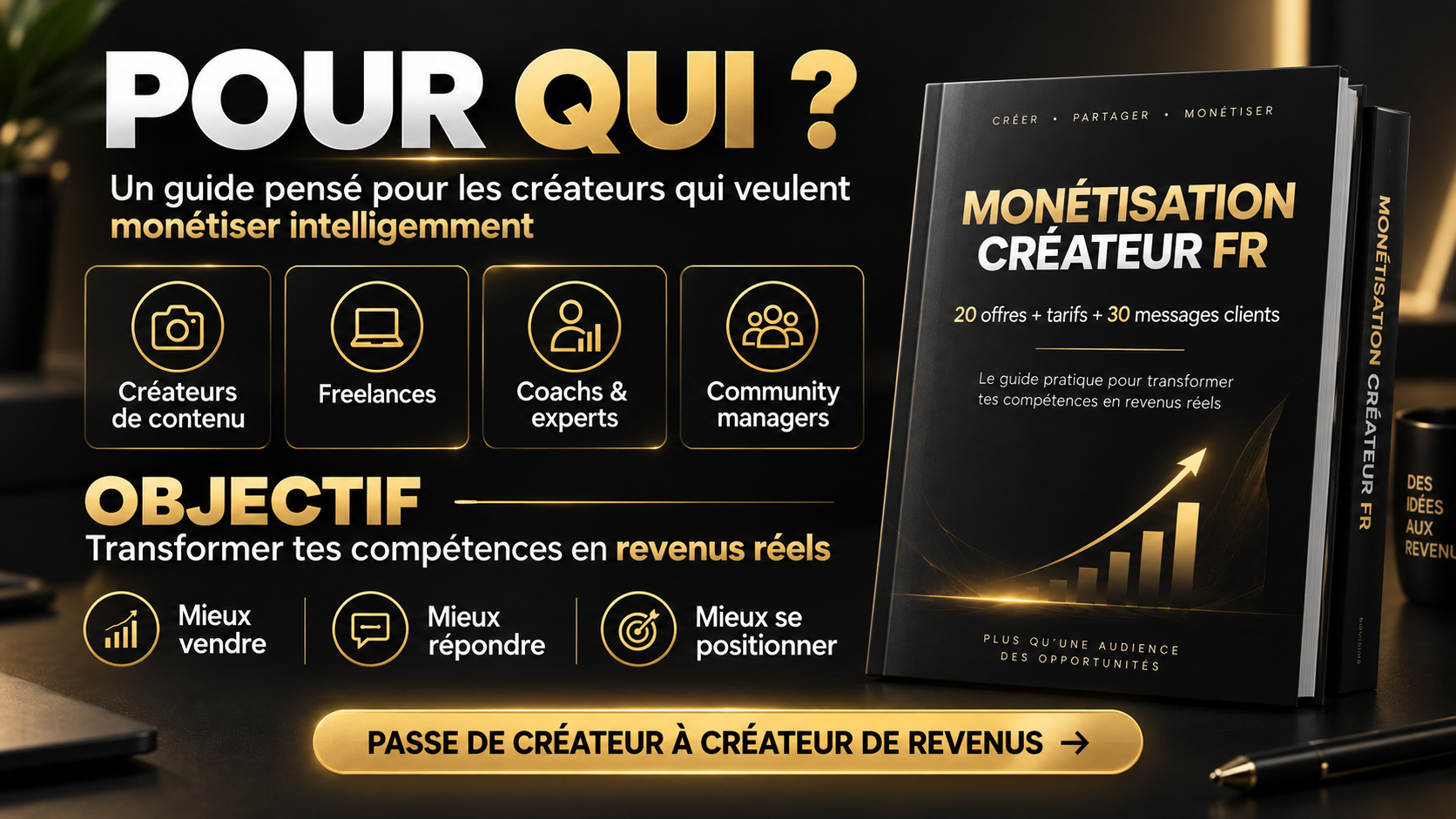 Monétisation Créateur FR – 20 Offres + Tarifs + 30 Messages Clients