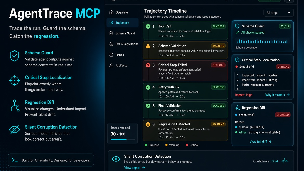 AgentTrace MCP: Trace runs. Guard schemas. Catch regressions