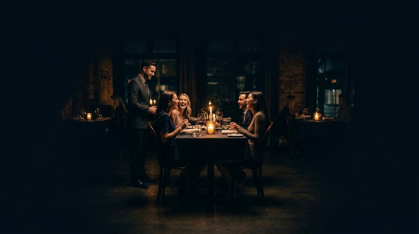 A host standing with a laughing table of guests in a candlelit restaurant