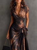 Chloé - Robe Midi Cache-Cœur Marron et Noire à Imprimé Abstrait et Ourlet Volanté