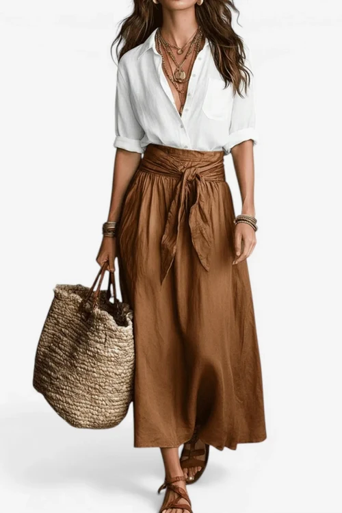Ensemble Ariia™ – Jupe Midi Nœud Camel — Maison Dorée