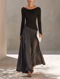 Avriel - Robe Maxi Plissée Bicolore Noire et Grise à Encolure Drapée