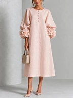 Jade - Robe Midi Rose Fleurie à Boutons et Manches Volumineuses