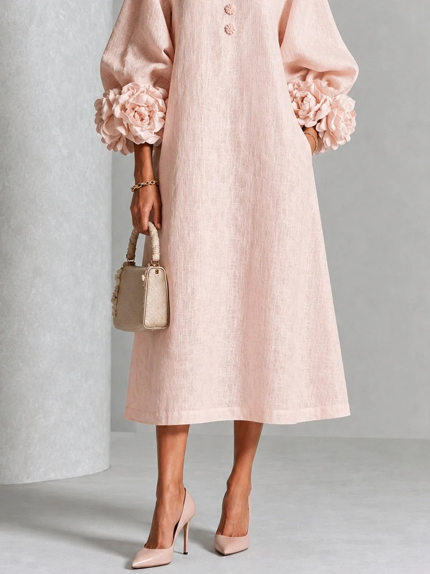 Jade - Robe Midi Rose Fleurie à Boutons et Manches Volumineuses