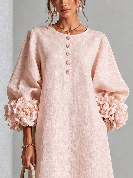 Jade - Robe Midi Rose Fleurie à Boutons et Manches Volumineuses