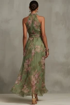 SERENA ∙ ROBE LONGUE VERTE À FLEURS EN MOUSSELINE AVEC COL LICOU