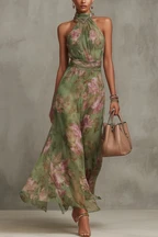 SERENA ∙ ROBE LONGUE VERTE À FLEURS EN MOUSSELINE AVEC COL LICOU