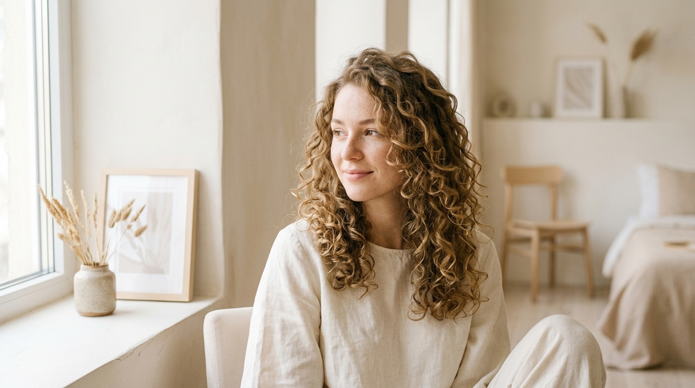 Defined fine curls with visible volume at the roots in soft natural light