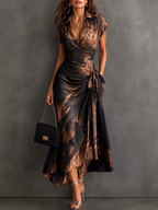 Chloé - Robe Midi Cache-Cœur Marron et Noire à Imprimé Abstrait et Ourlet Volanté