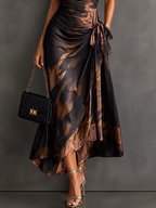 Chloé - Robe Midi Cache-Cœur Marron et Noire à Imprimé Abstrait et Ourlet Volanté