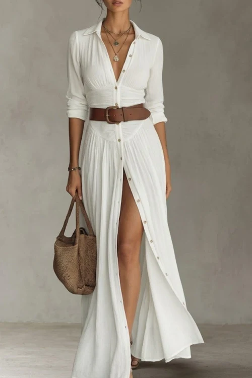 ROBE LONGUE POUR FEMME AVEC COL À REVERS ET MANCHES LONGUES EN LIN