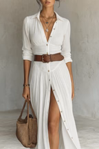 ROBE LONGUE POUR FEMME AVEC COL À REVERS ET MANCHES LONGUES EN LIN